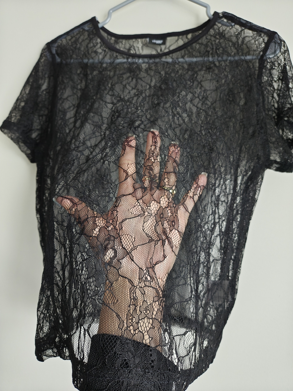 Black Lace Short-Sleeve Pajama Set with Lounge Pants - Picture 8 of 12